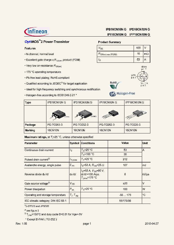 IPB16CN10NG_1603333.PDF Datasheet