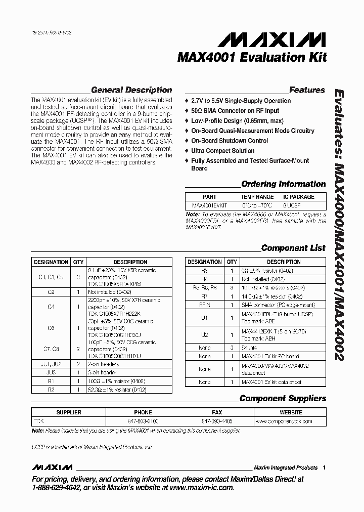 MAX4001EVKIT_1622674.PDF Datasheet