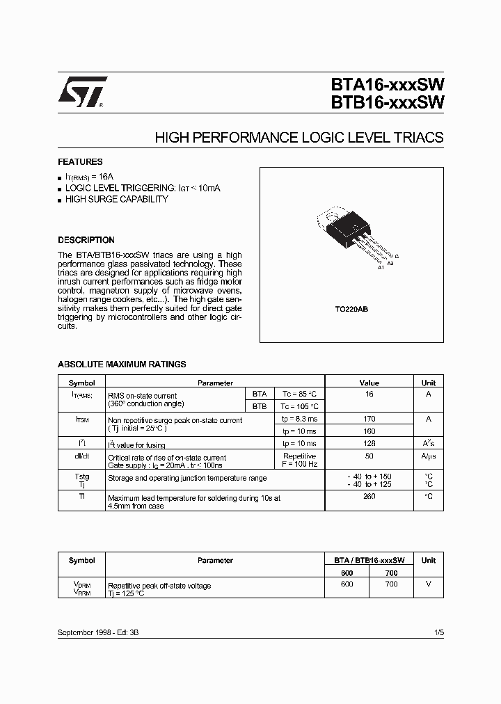 BTA16-XXXSW_1788863.PDF Datasheet