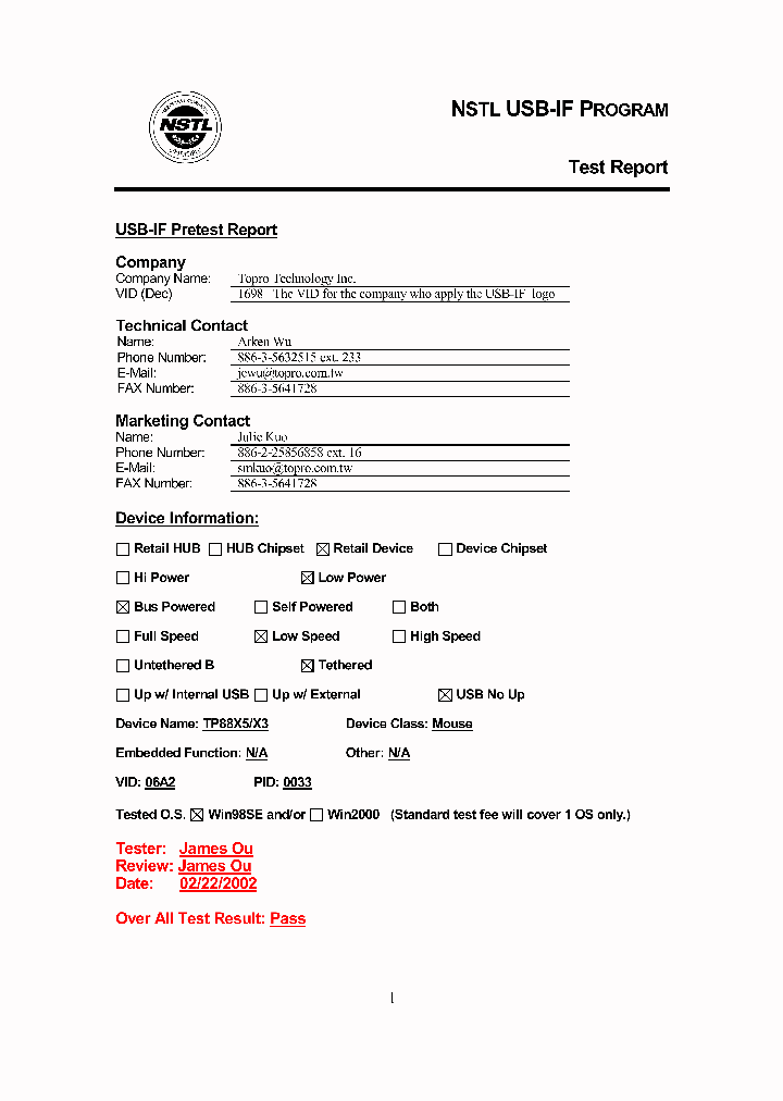 TOPROTP88X5USB-IFREPORT_2237728.PDF Datasheet