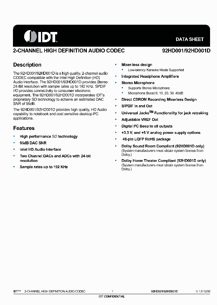 92HD001DX3PRGXYYX_2552413.PDF Datasheet