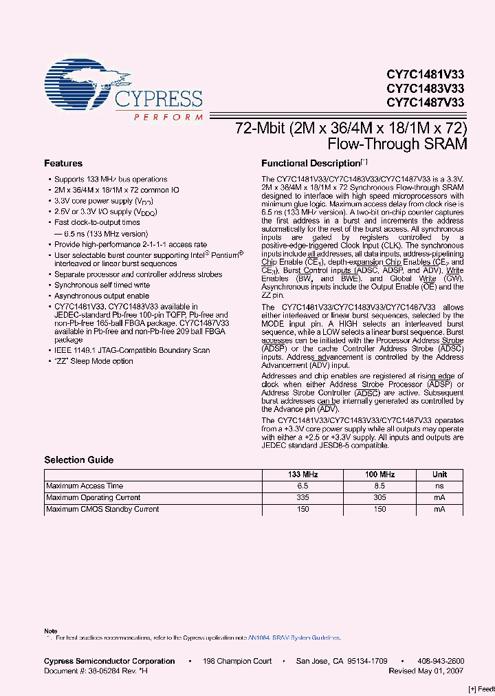 CY7C1481V33-133BZXI_2564225.PDF Datasheet