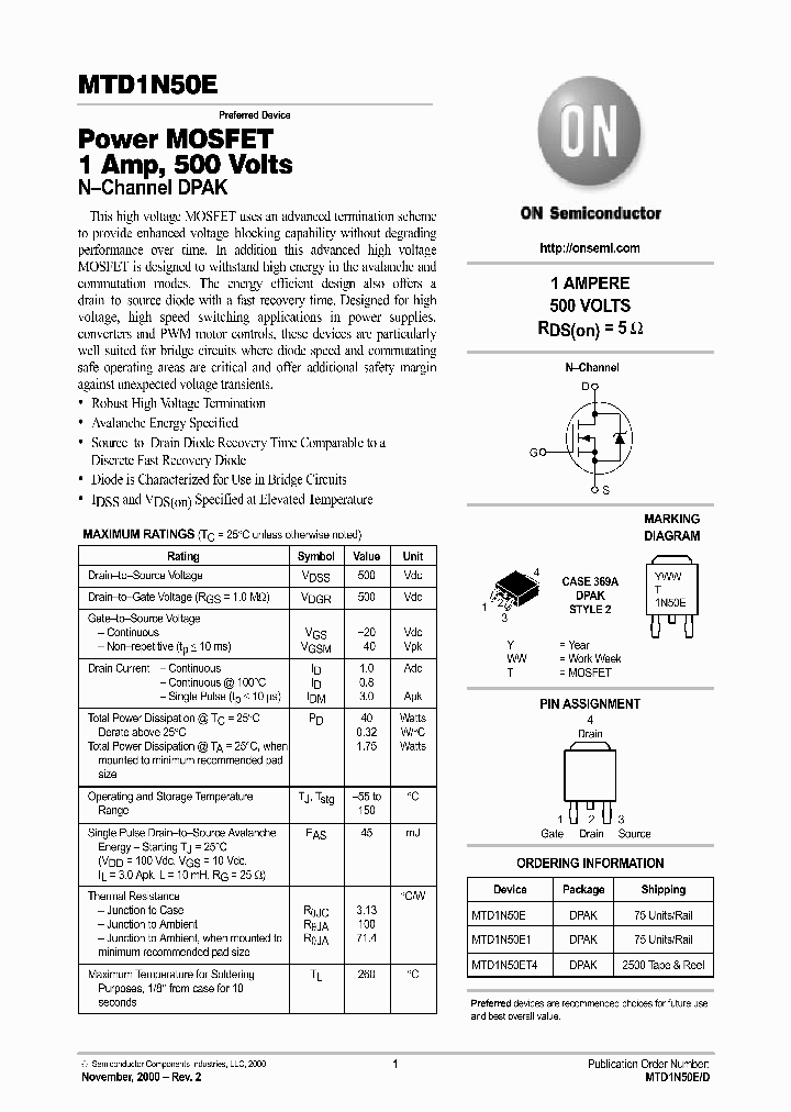 MTD1N50E-D_2666364.PDF Datasheet