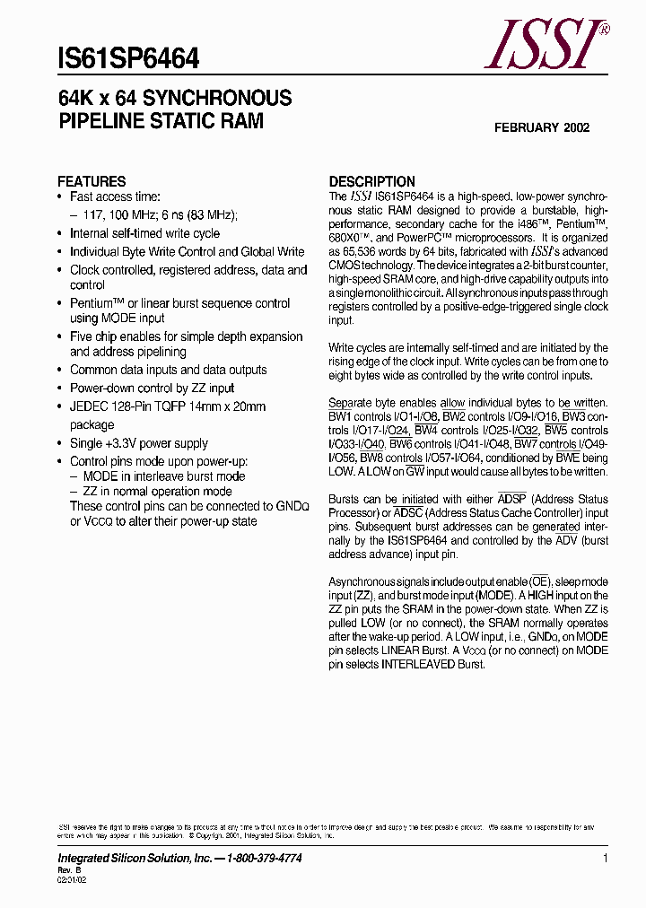 IS61SP6464-6PQI_2678265.PDF Datasheet