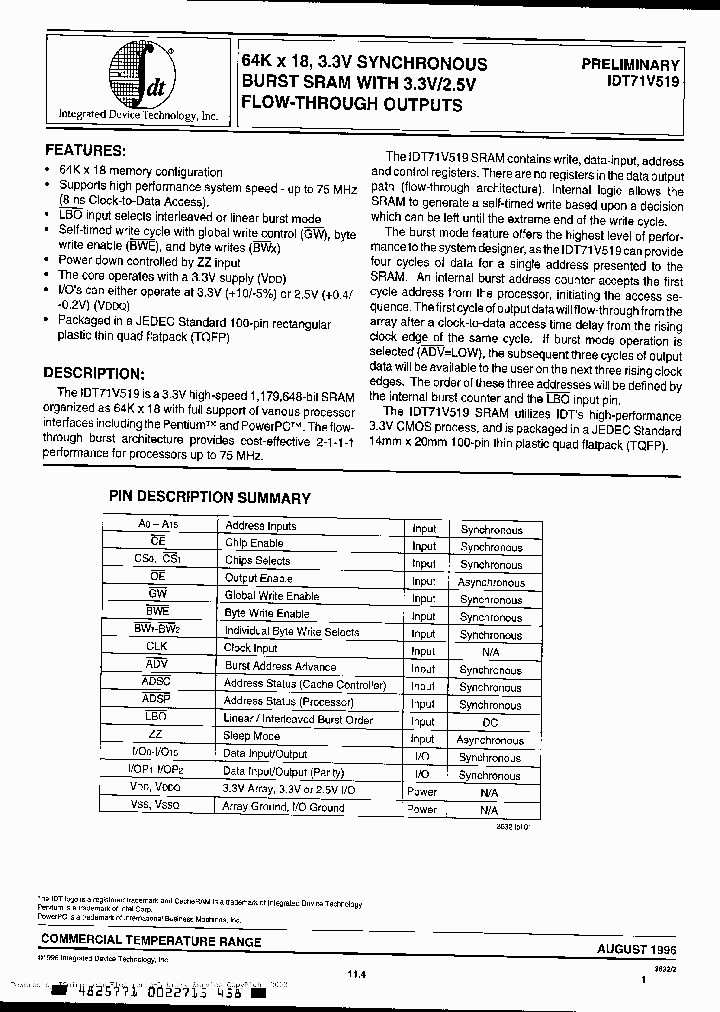 IDT71V519S60PF_3085266.PDF Datasheet