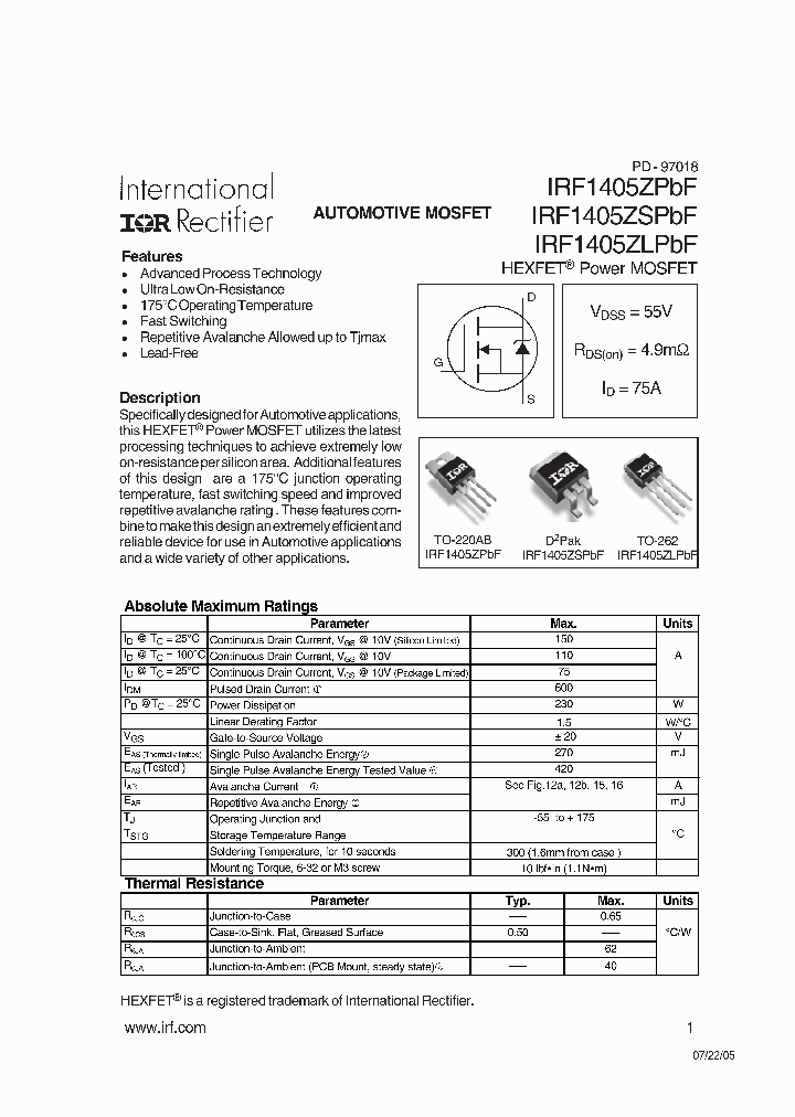 IRF1405ZSPBF_3094878.PDF Datasheet