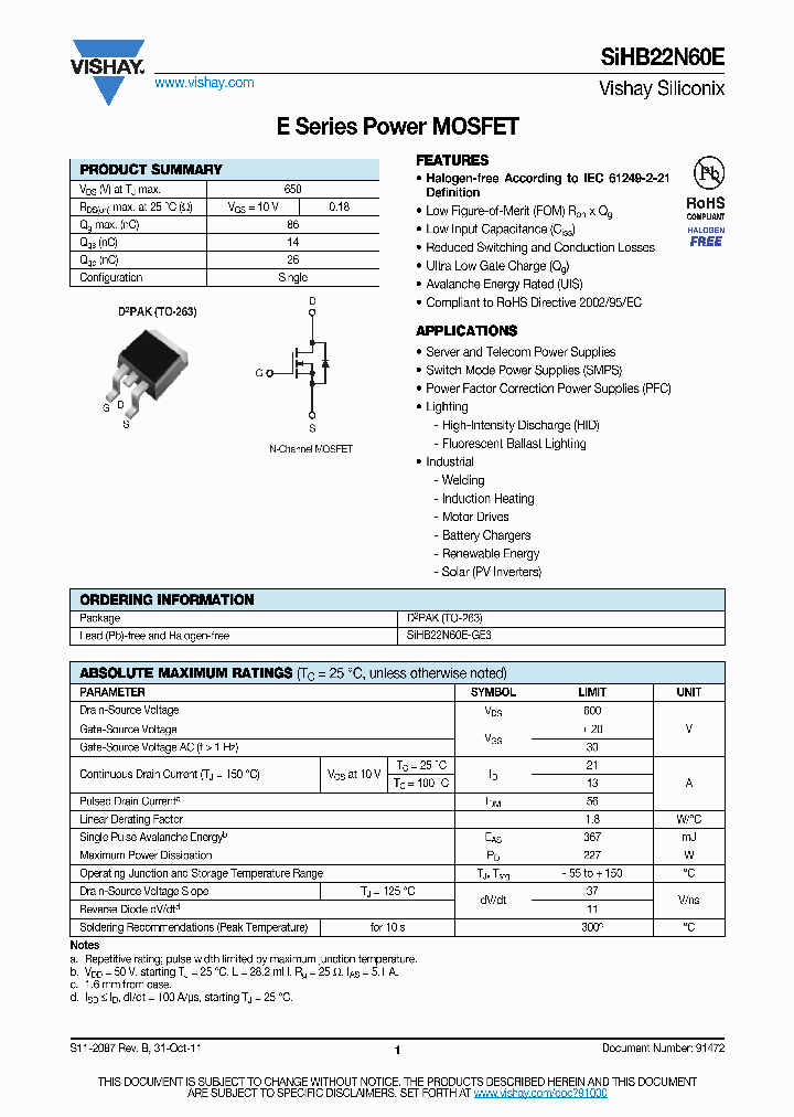SIHB22N60E_3115619.PDF Datasheet