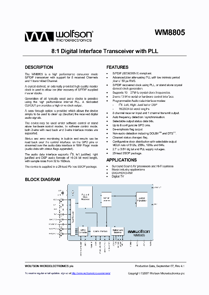 WM8805GEDS_3125786.PDF Datasheet
