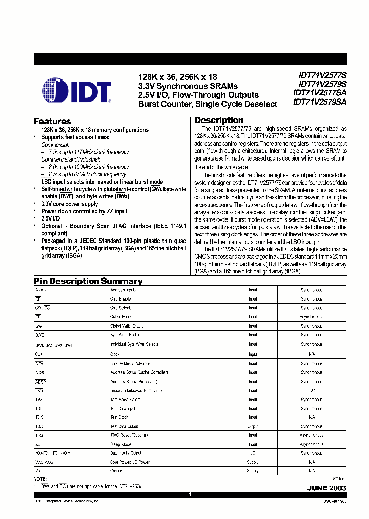 IDT71V2577YS75BQI_3226229.PDF Datasheet