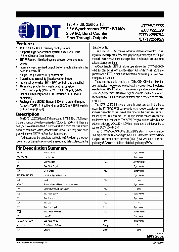 IDT71V2557S80BG_3321162.PDF Datasheet