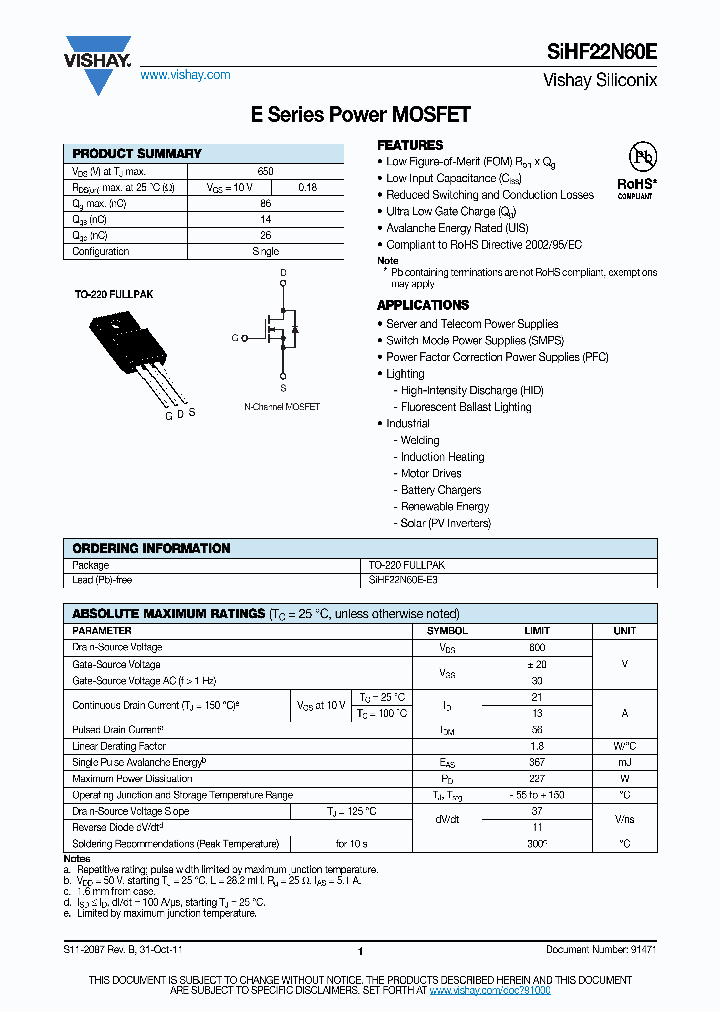 SIHF22N60E-E3_3379918.PDF Datasheet