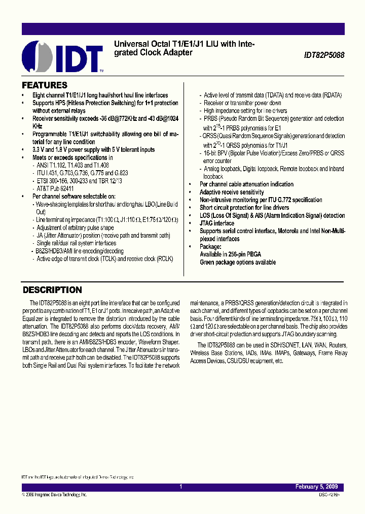 IDT82P5088BBBLANK_3404654.PDF Datasheet