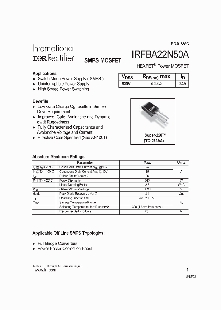 IRFBA22N50A_3668215.PDF Datasheet