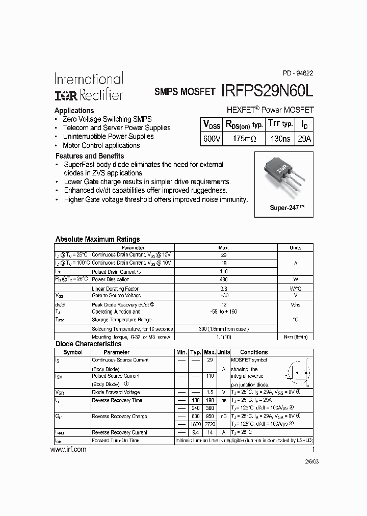 IRFPS29N60L_3668217.PDF Datasheet