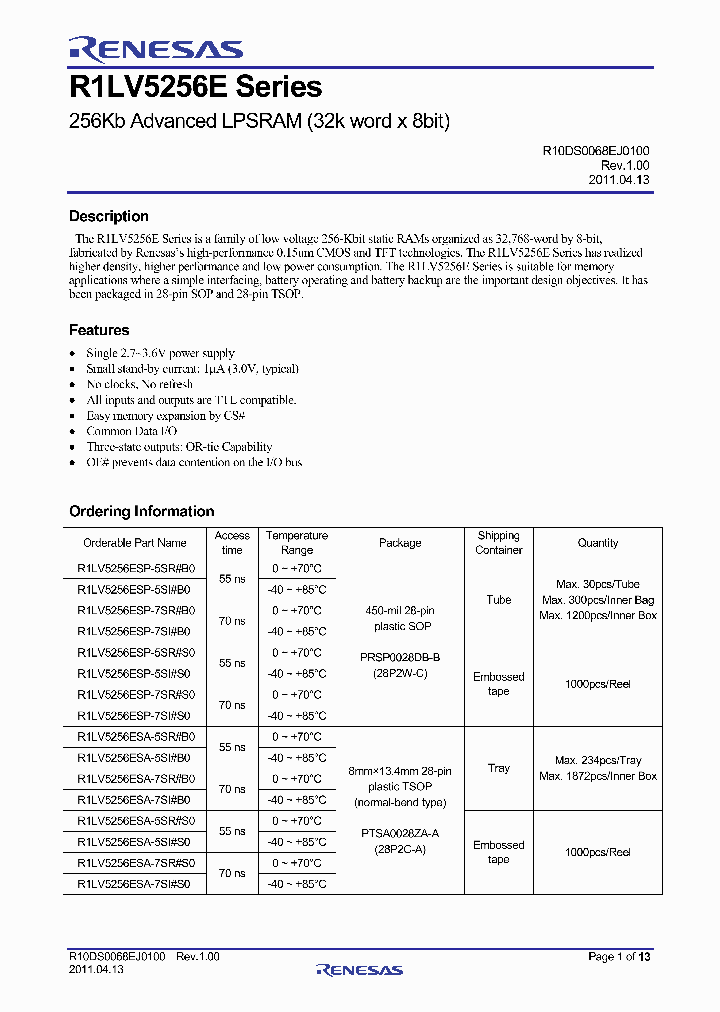R1LV5256ESP-5SI-S0_3672485.PDF Datasheet