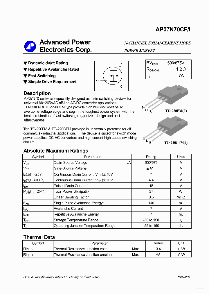 AP07N70CF_3674189.PDF Datasheet