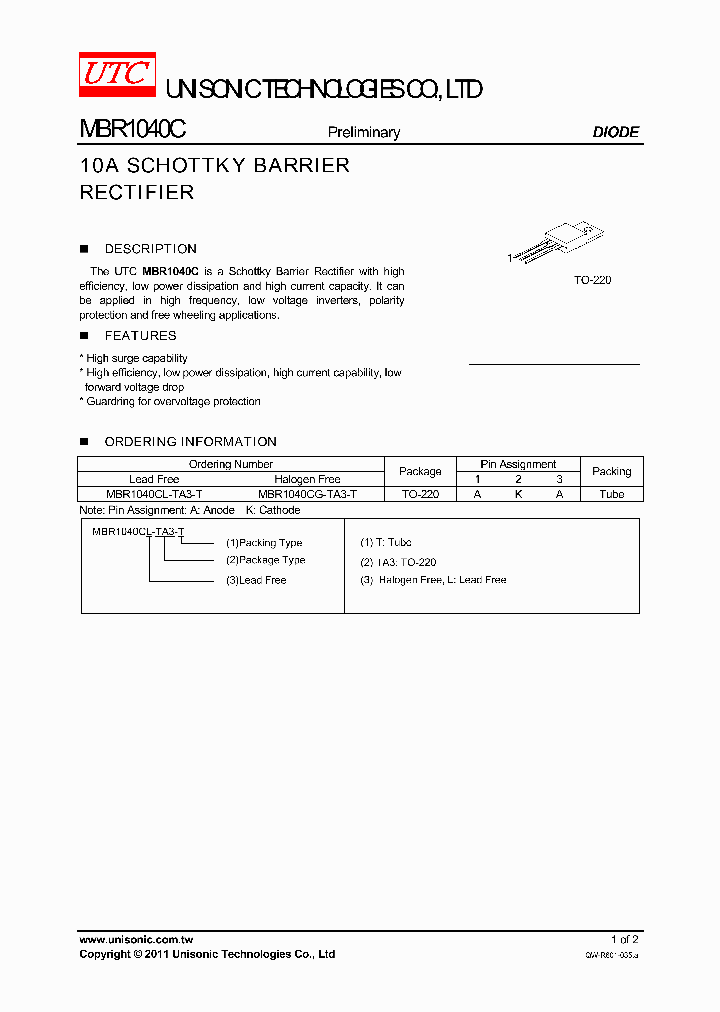 MBR1040CG-TA3-T_3770403.PDF Datasheet