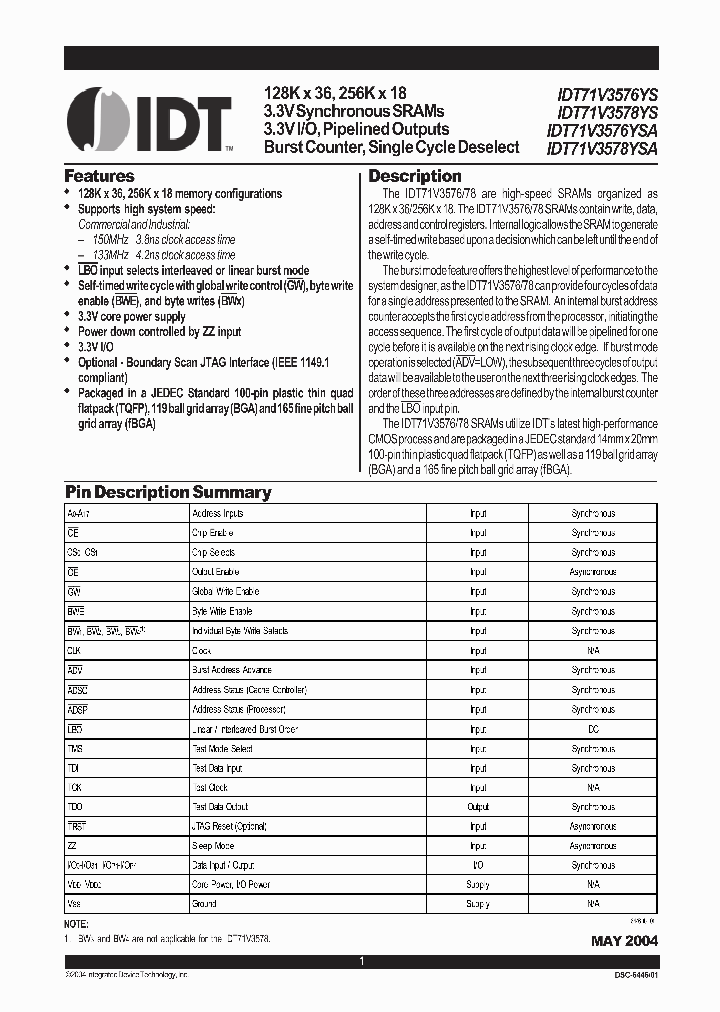 IDT71V3576YS150PF_3757555.PDF Datasheet