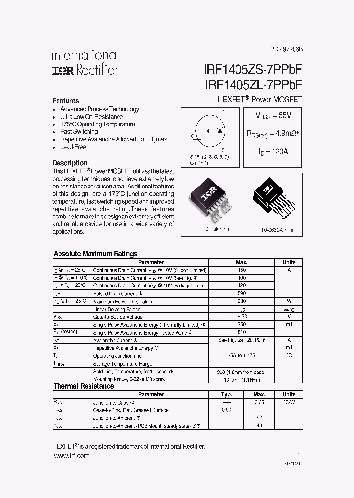 IRF1405ZL-7PPBF_3780103.PDF Datasheet