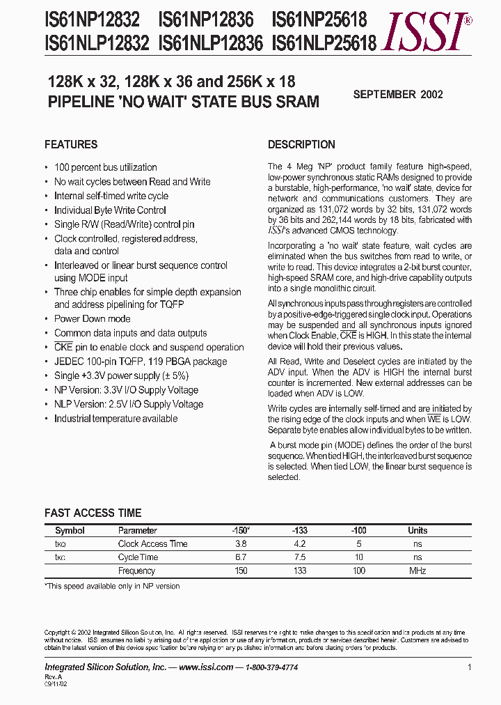 IS61NP25618-100B_3784112.PDF Datasheet