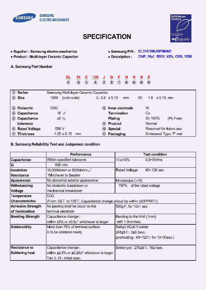 CL31C100JGFNNNE_3886268.PDF Datasheet
