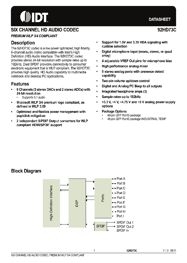 92HD73C1T5PRGIYYX8_3891946.PDF Datasheet