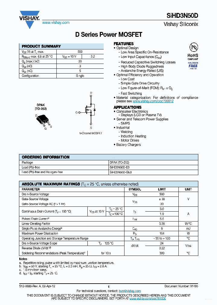 SIHD3N50D_4261019.PDF Datasheet