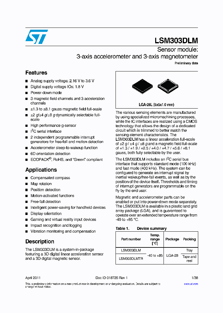 LSM303DLMTR_4285093.PDF Datasheet