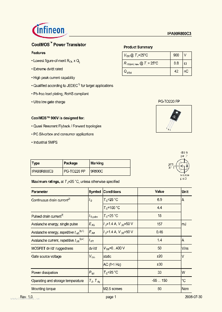IPA90R800C3_4350831.PDF Datasheet
