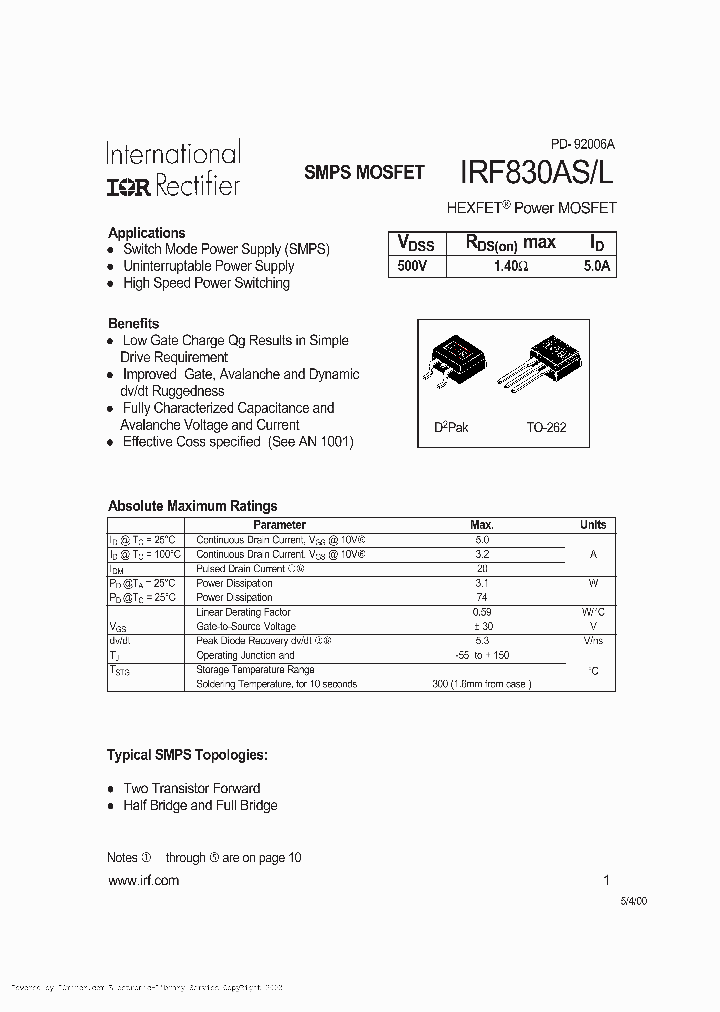 IRF830ASTRL_4352299.PDF Datasheet