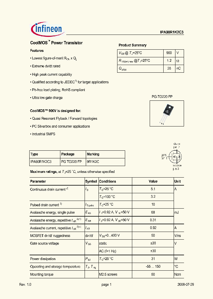 IPA90R1K2C3_4544789.PDF Datasheet