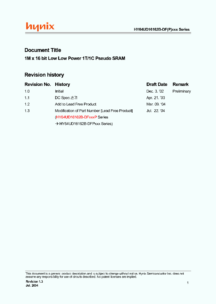 HY64UD16162B-DF70I_4559839.PDF Datasheet