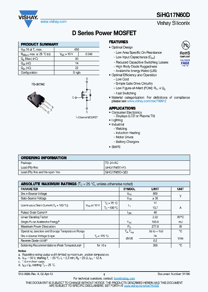 SIHG17N60D_4595533.PDF Datasheet