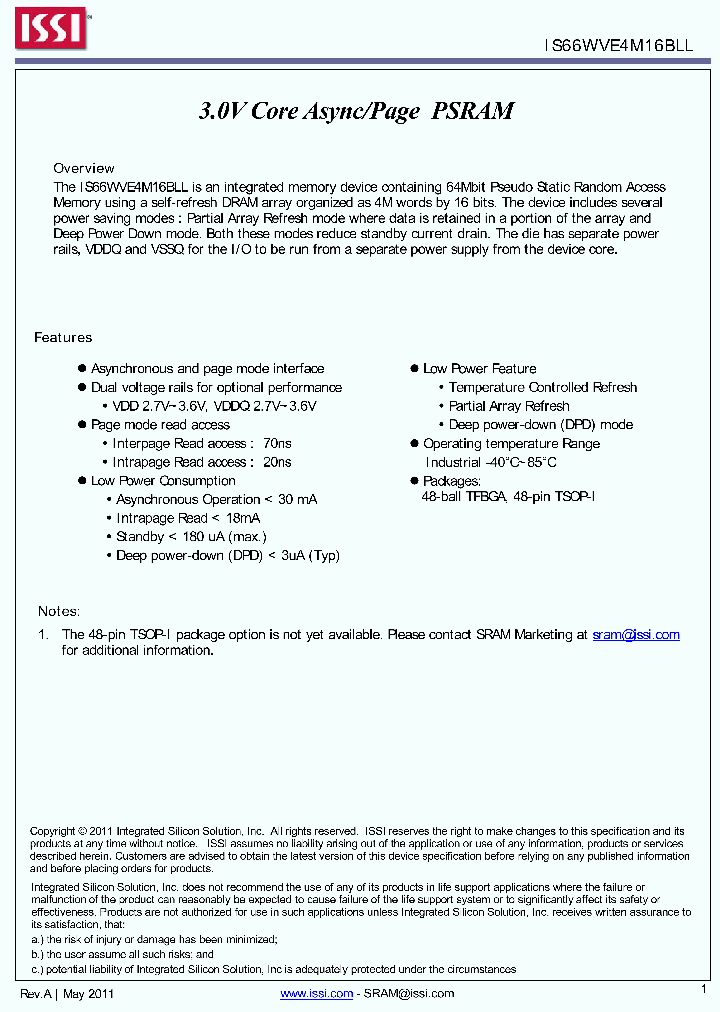 IS67WVE4M16BLL-70BLA1_4819592.PDF Datasheet