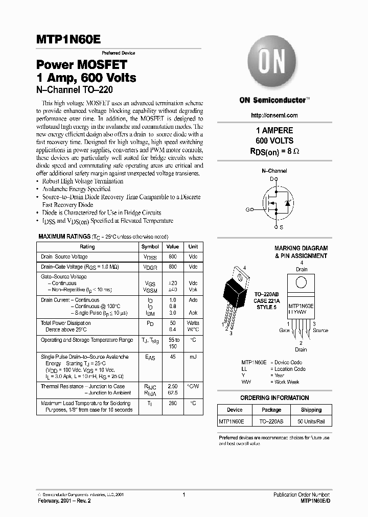 MTP1N60E-D_4980538.PDF Datasheet