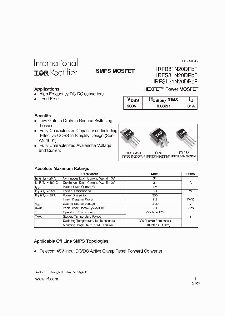 IRFS31N20DPBF_5001528.PDF Datasheet