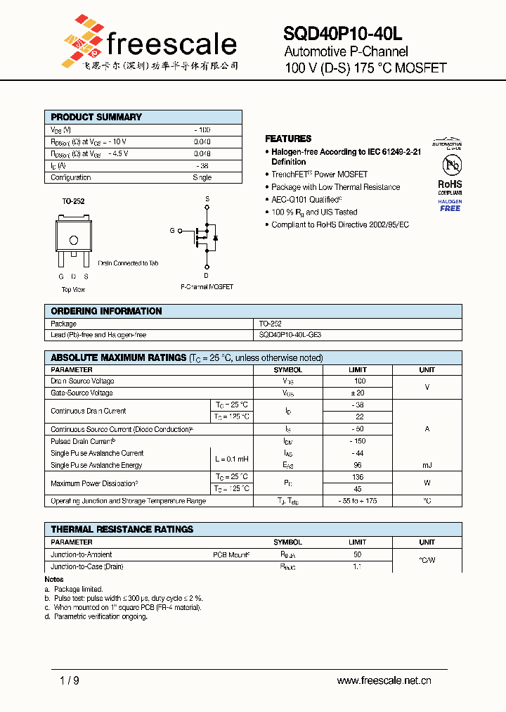 SQD40P10-40L_5052837.PDF Datasheet