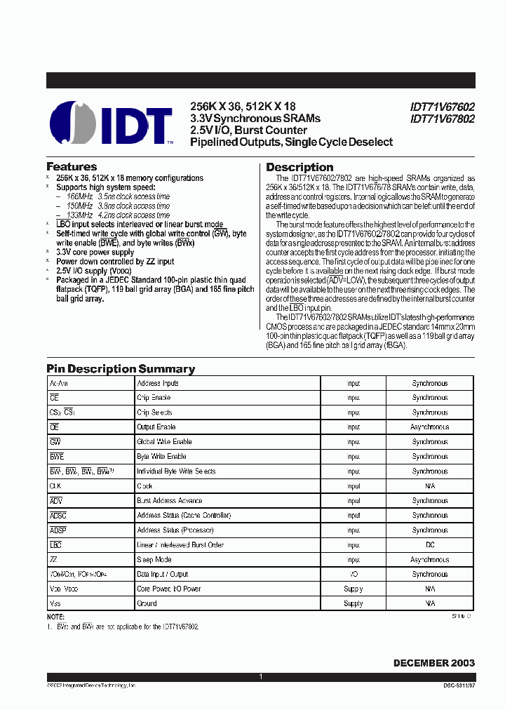 IDT71V802S133PFI_5288305.PDF Datasheet