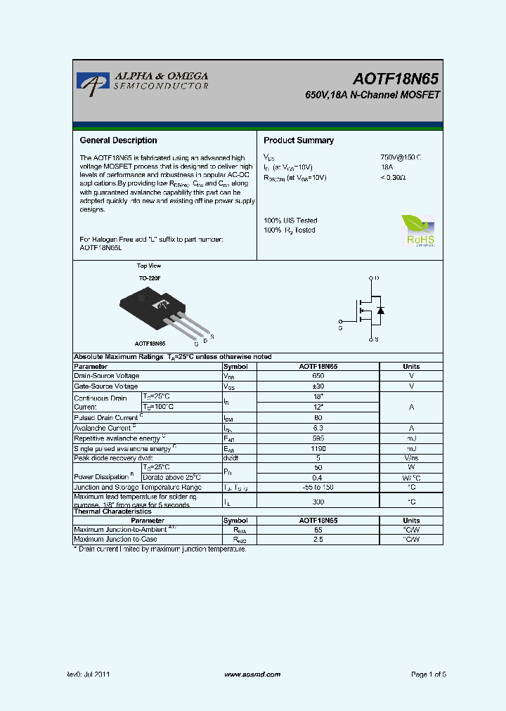 AOTF18N65_5360381.PDF Datasheet