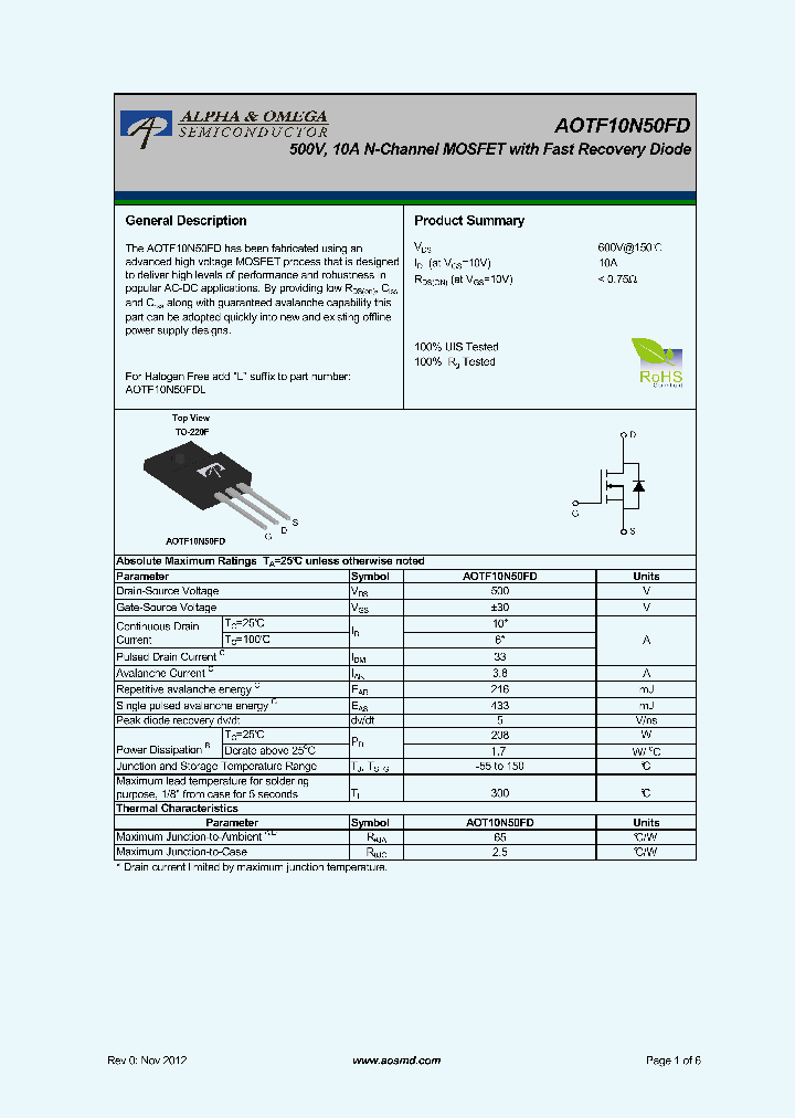 AOTF10N50FD_5395612.PDF Datasheet