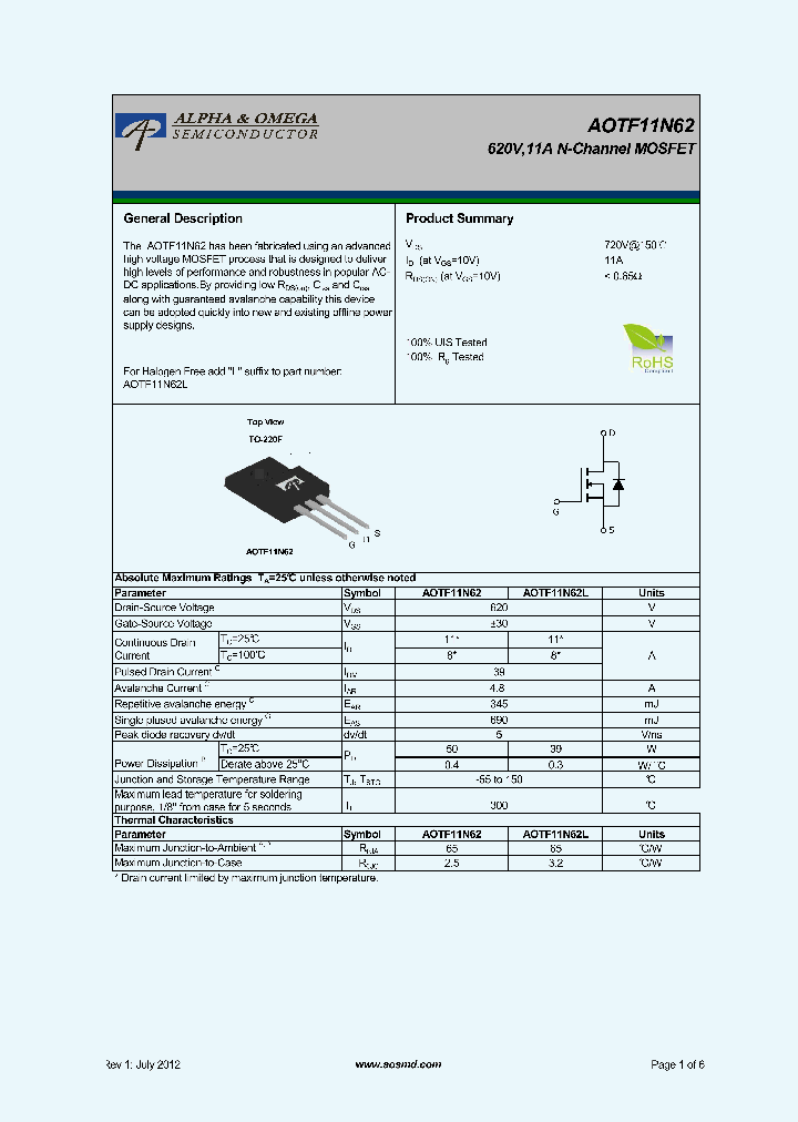 AOTF11N62_5395617.PDF Datasheet