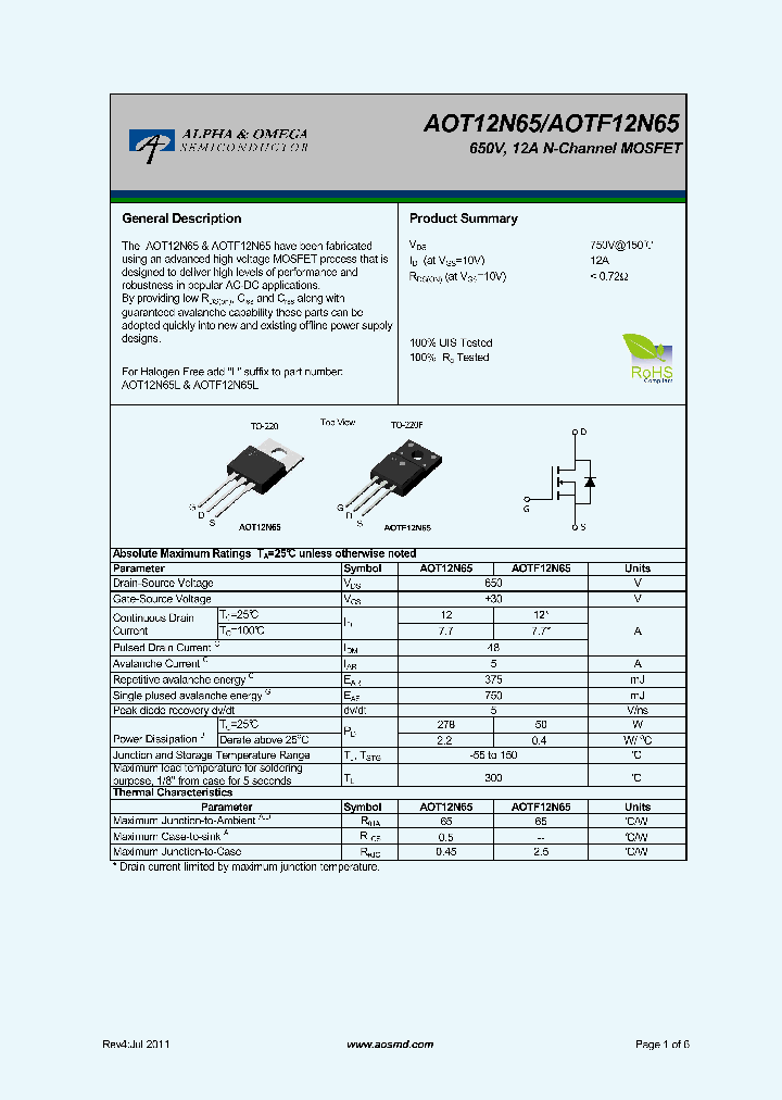 AOTF12N65_5395623.PDF Datasheet