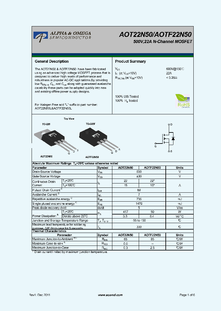 AOT22N50_5480416.PDF Datasheet