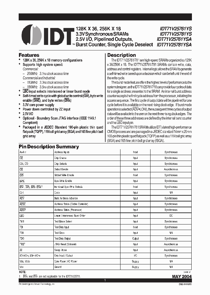IDT71V25761S166PF8_5941664.PDF Datasheet