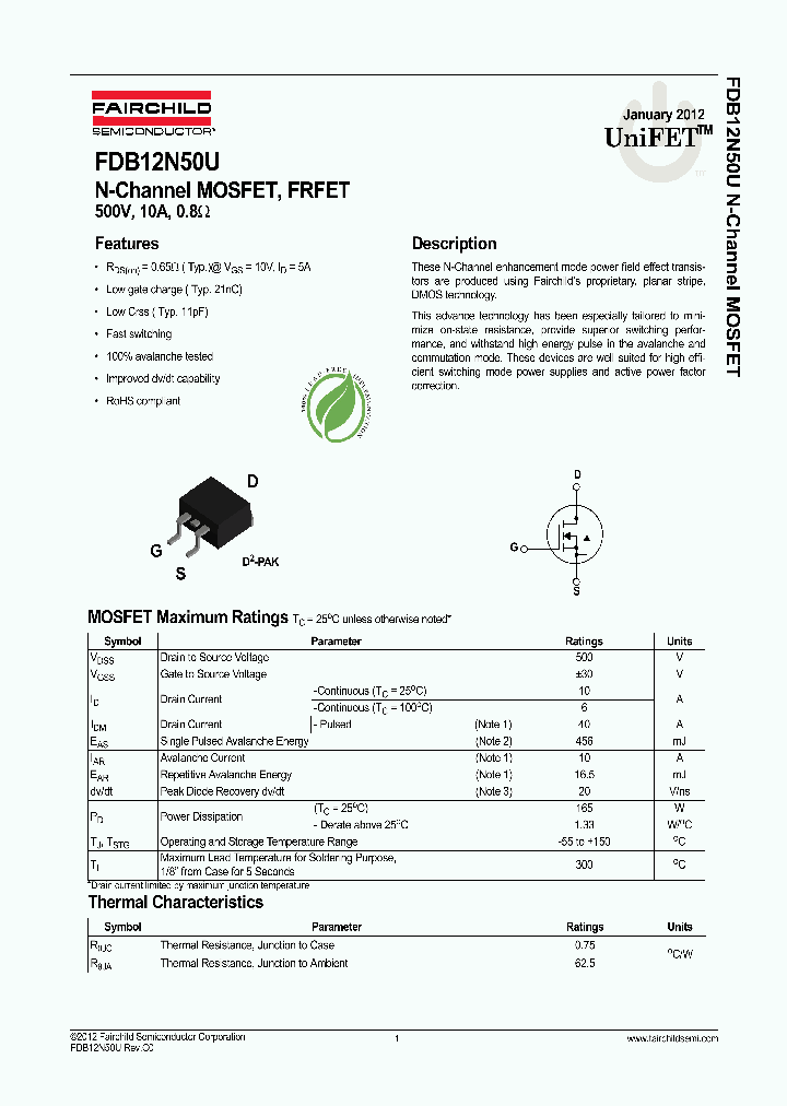 FDB12N50UTM12_5986442.PDF Datasheet