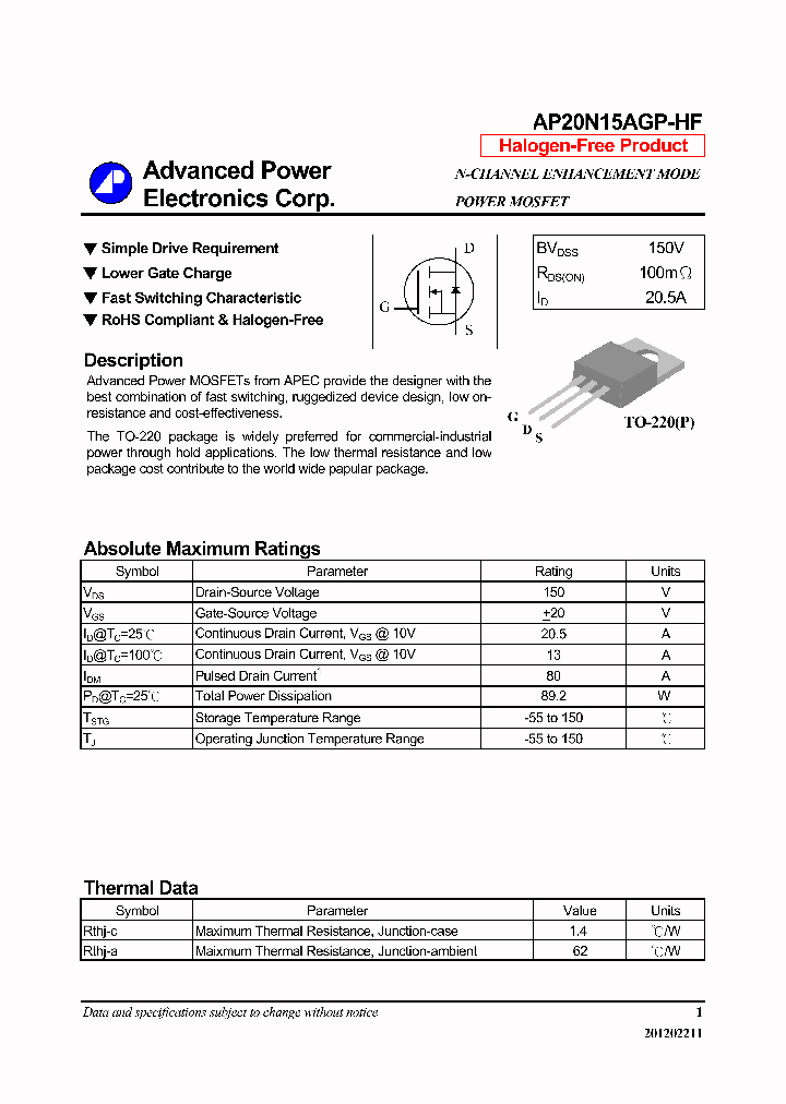AP20N15AGP-HF_6335314.PDF Datasheet