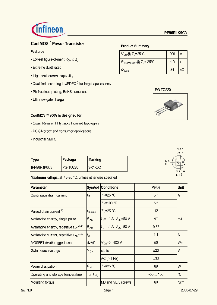 IPP90R1K0C3_6341581.PDF Datasheet
