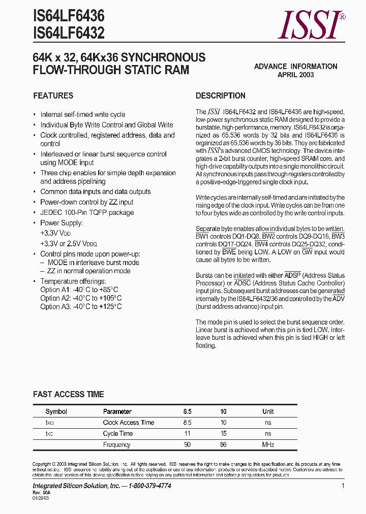 IS64LF6436-85TQA3_6620758.PDF Datasheet