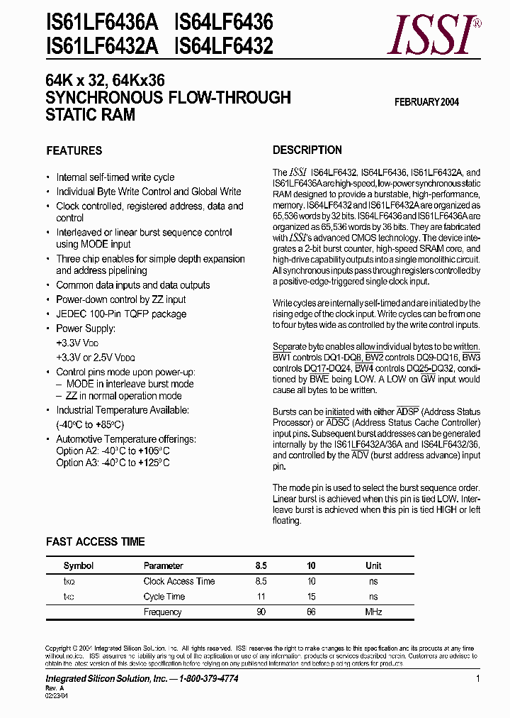 IS64LF6432-85TQA2_6620756.PDF Datasheet