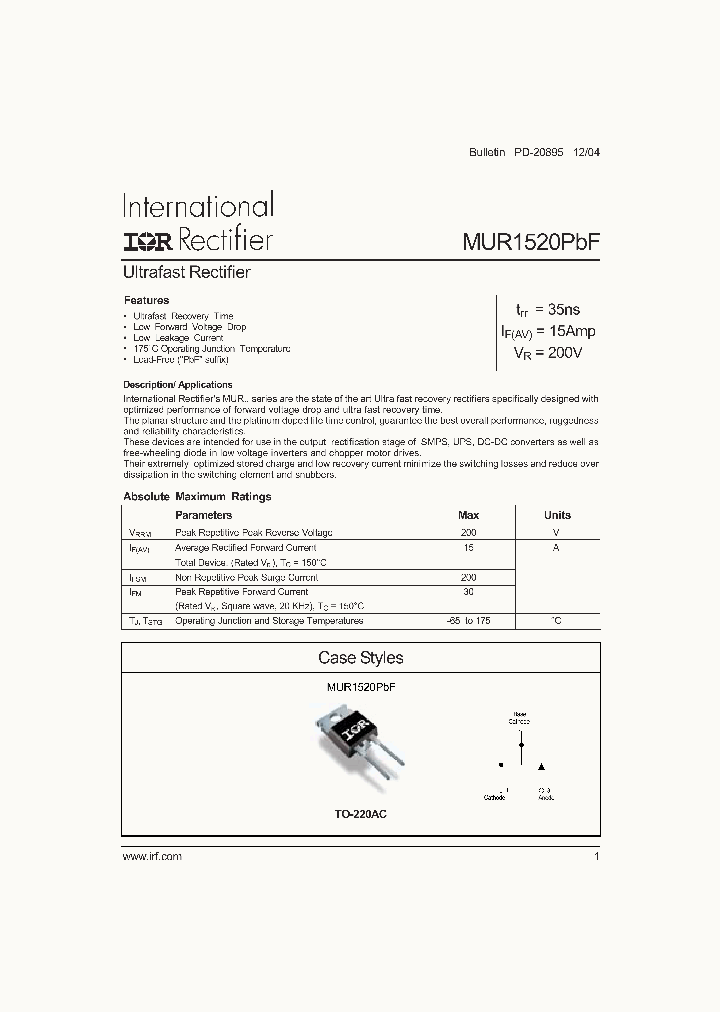 MUR1520PBF_6771514.PDF Datasheet